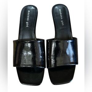 Madden Girl Black patent leather slides kitten heel